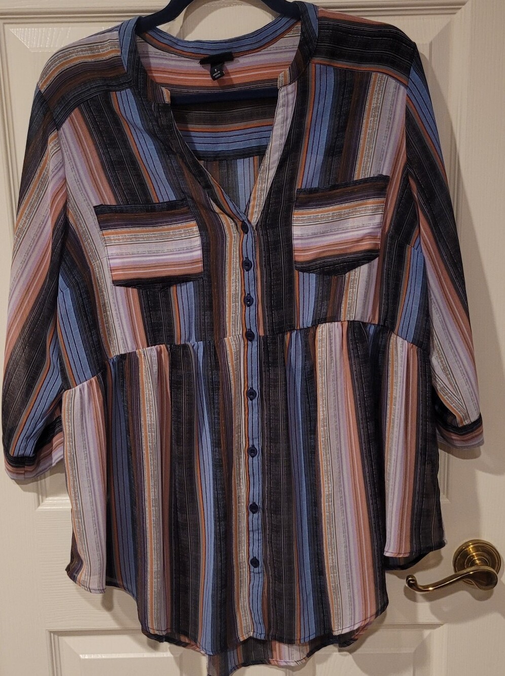 torrid Striped Button-Front Peasant Top in Blue and Brown